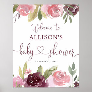 Affiche Panneau de bienvenue au baby shower floral roux bo