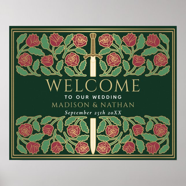 Affiche Panneau de bienvenue au mariage royal Épée florale (Devant)