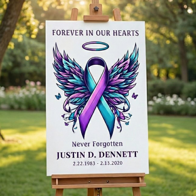 Affiche Panneau de bienvenue aux funérailles à la mémoire  (Suicide Prevention awareness teal purple ribbon and  angel wings)