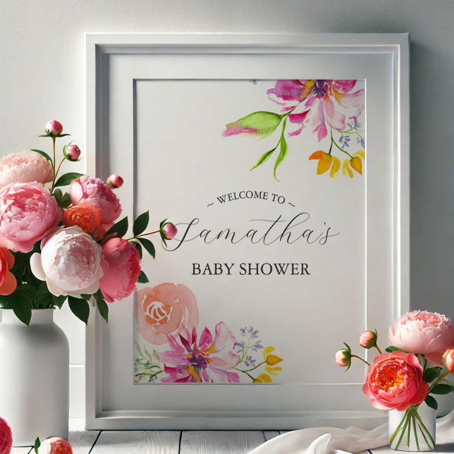 Affiche Panneau de bienvenue Baby in Bloom – Fleurs roses (Baby in Bloom baby shower themes features welcome sign watercolor flowers in pink)