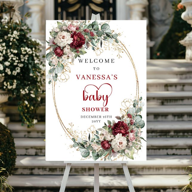Affiche Panneau de bienvenue Baby Shower à la verdure flor (Burgundy Floral Greenery Baby Shower Welcome)