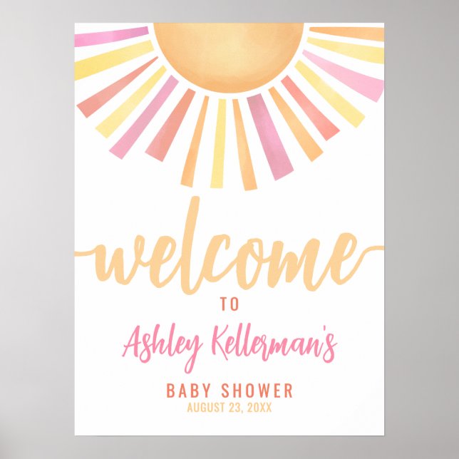 Affiche Panneau de Bienvenue Baby Shower Bébé Soleil Rose  (Devant)