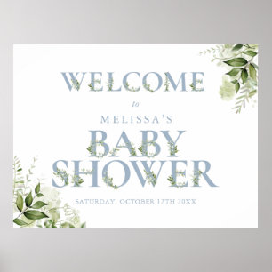 Affiche Panneau de bienvenue Baby Shower Blue Greenery Let