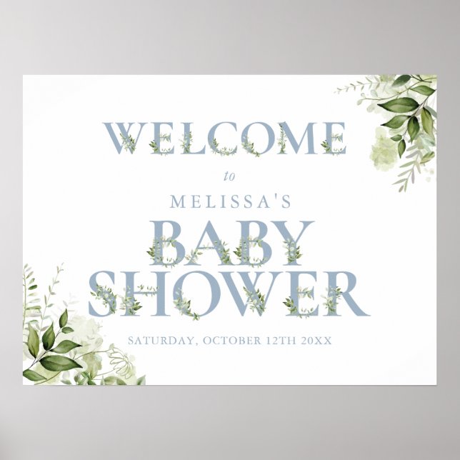 Affiche Panneau de bienvenue Baby Shower Blue Greenery Let (Devant)