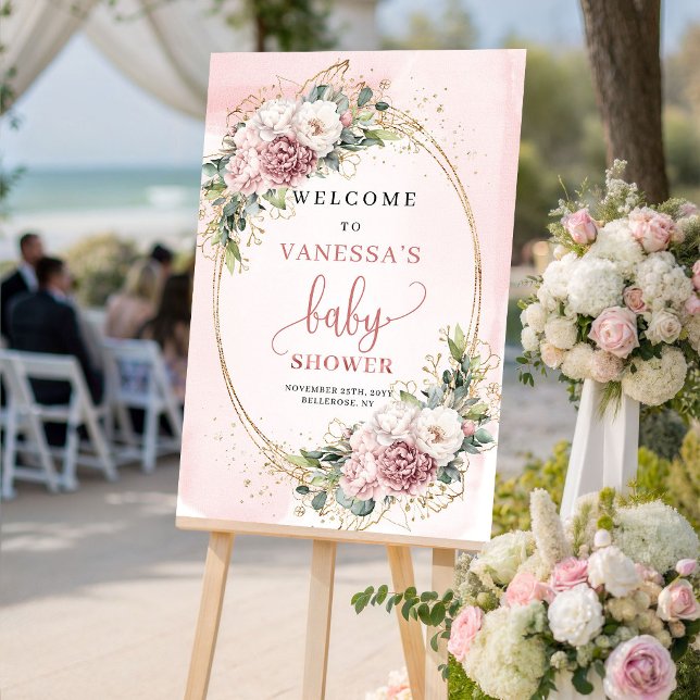 Affiche Panneau de bienvenue Baby Shower Boho Dusty Pink F (Boho Dusty Pink Floral Baby Shower Welcome Sign)