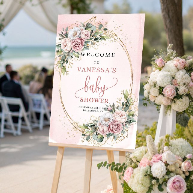 Affiche Panneau de bienvenue Baby Shower Boho Rose Gold Fl (Boho Rose Gold Floral Baby Shower Welcome Sign)