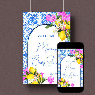 Affiche Panneau de bienvenue baby shower Carrelage bleu Ci