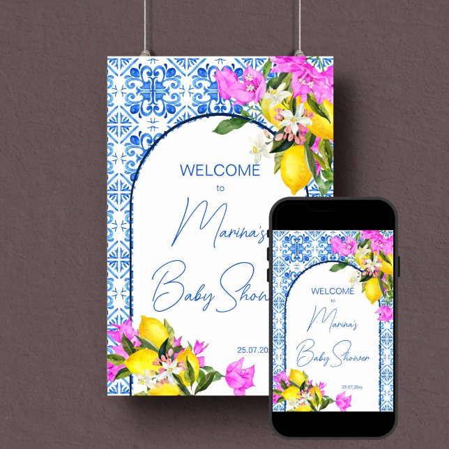 Affiche Panneau de bienvenue baby shower Carrelage bleu Ci (Baby Shower welcome sign Blue Tiles Lemons editable template welcome sign poster digital download)