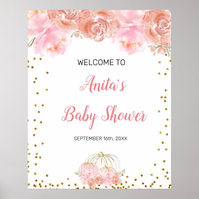 Affiche Panneau de bienvenue Baby Shower citrouille floral (Devant)