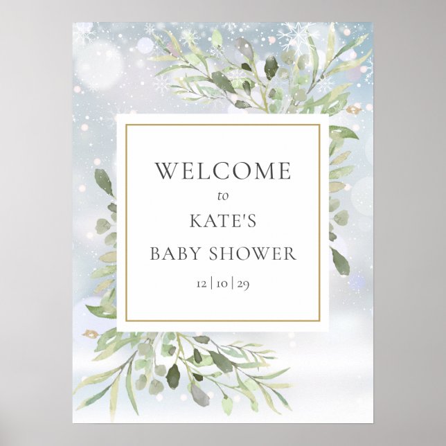 Affiche Panneau de bienvenue Baby Shower de verdure enneig (Devant)