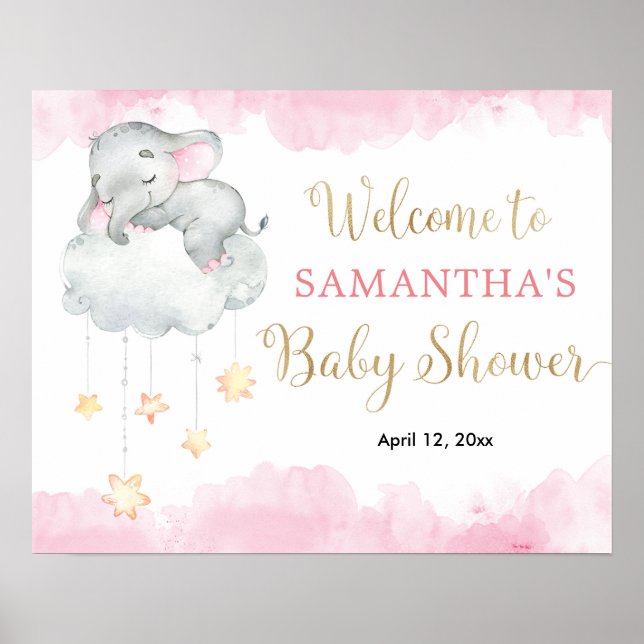 Affiche Panneau de bienvenue baby shower d'éléphant mignon (Devant)