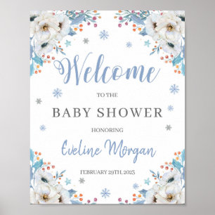 Affiche Panneau de bienvenue baby shower d'hiver bleu flor
