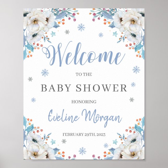 Affiche Panneau de bienvenue baby shower d'hiver bleu flor (Devant)