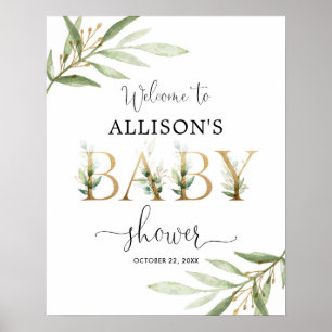 Affiche Panneau de bienvenue baby shower feuille or vert
