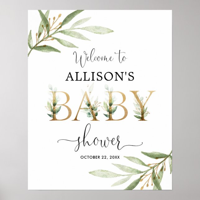 Affiche Panneau de bienvenue baby shower feuille or vert (Devant)