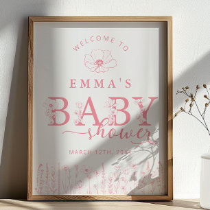 Affiche Panneau de bienvenue Baby Shower Fleur sauvage ros