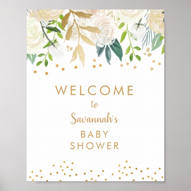 Affiche Panneau de bienvenue Baby Shower Fleurs Blanches O (Devant)