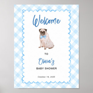 Affiche Panneau de bienvenue Baby Shower Gingham Bleu Chie
