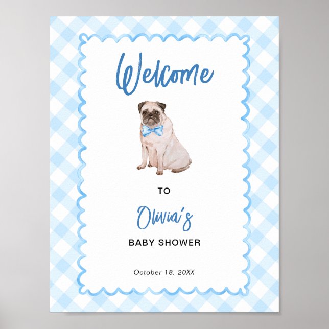 Affiche Panneau de bienvenue Baby Shower Gingham Bleu Chie (Devant)