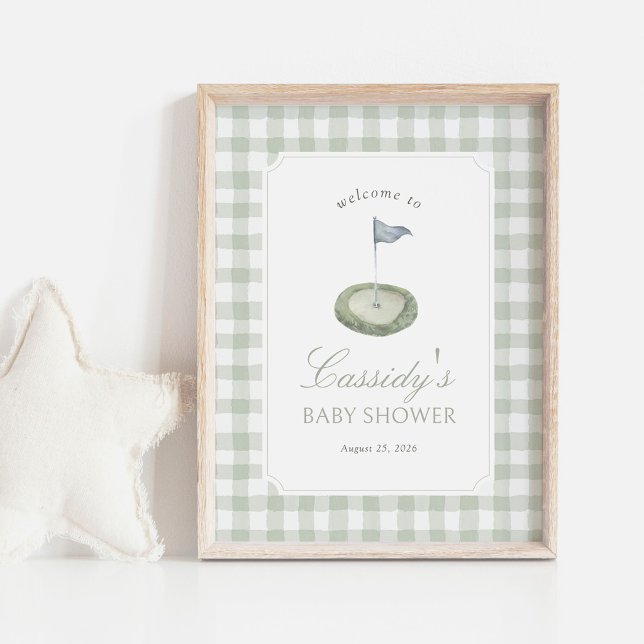 Affiche Panneau de bienvenue Baby Shower Golf Gingham Vert (Créateur téléchargé)