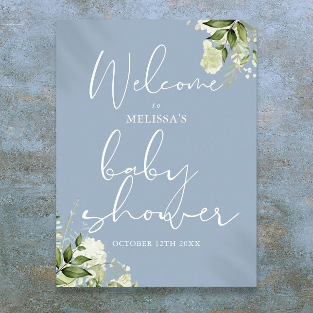 Affiche Panneau de bienvenue Baby Shower Greenery Dusty Bl (Greenery Dusty Blue Baby Shower Welcome Sign)