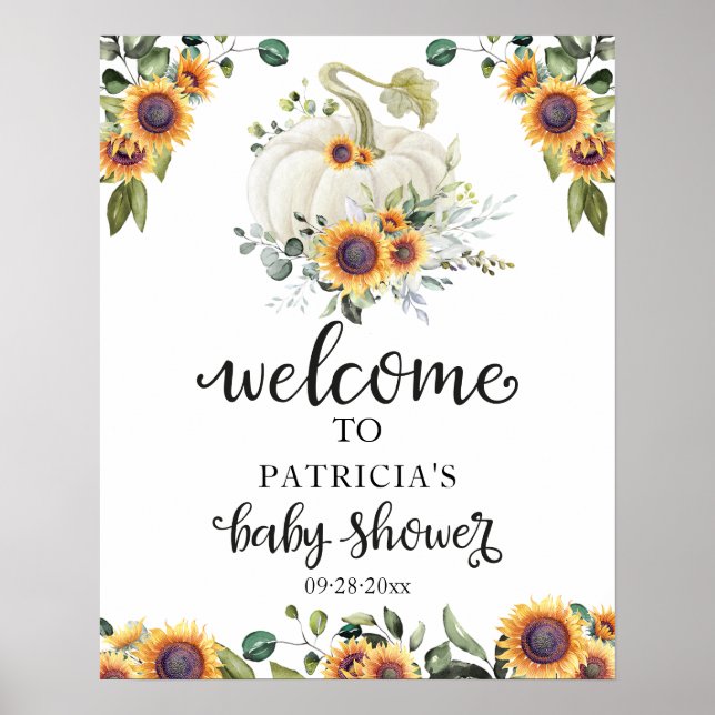 Affiche Panneau de bienvenue Baby Shower Greenery Pumpkin  (Devant)