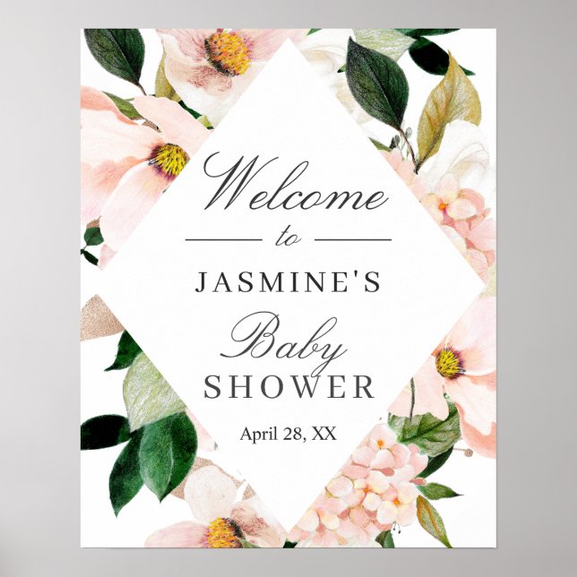 Affiche Panneau de bienvenue Baby Shower Hydrangea rose (Devant)