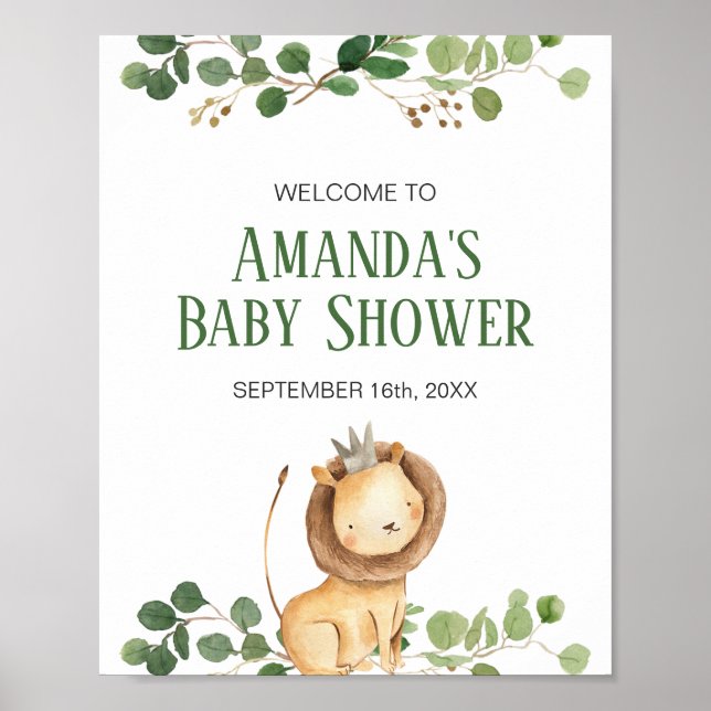 Affiche Panneau de bienvenue Baby Shower Lion et verdure (Devant)
