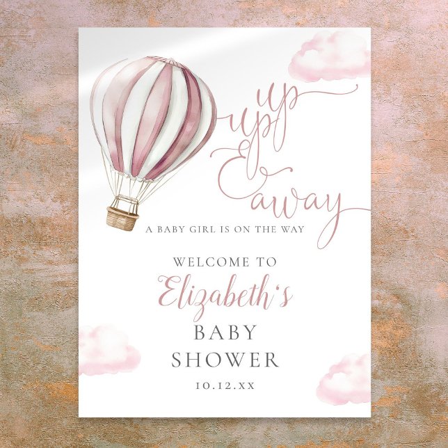 Affiche Panneau de bienvenue Baby Shower Montgolfière Rose (Pink Hot Air Balloon Baby Shower Welcome Sign)