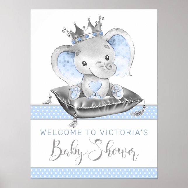 Affiche Panneau de bienvenue Baby Shower Prince éléphant (Devant)