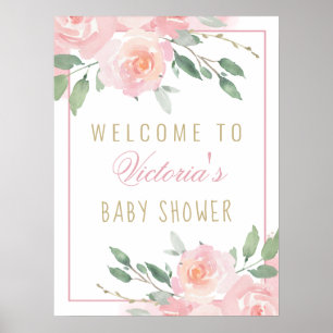 Affiche Panneau de bienvenue Baby Shower Rose aquarelle ro