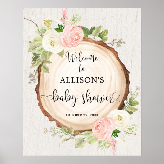 Affiche Panneau de bienvenue baby shower rose blanc rose r (Devant)
