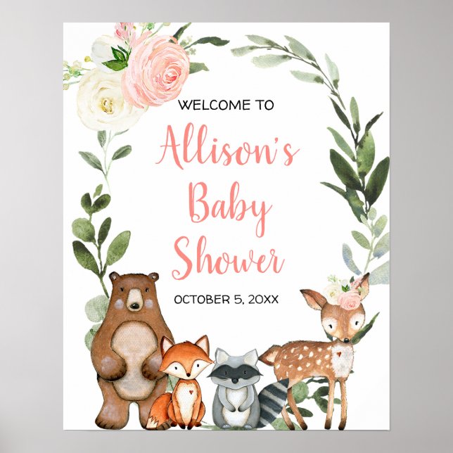 Affiche Panneau de bienvenue baby shower rose boisé (Devant)