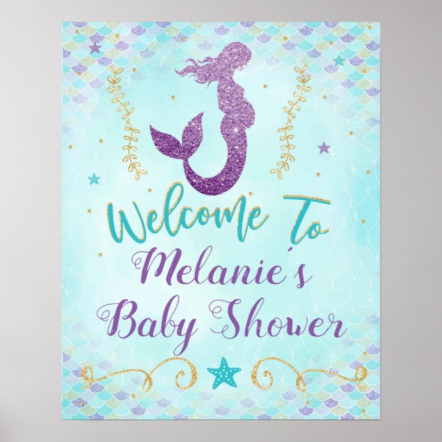 Affiche Panneau de bienvenue Baby Shower Sirène Fond (Devant)