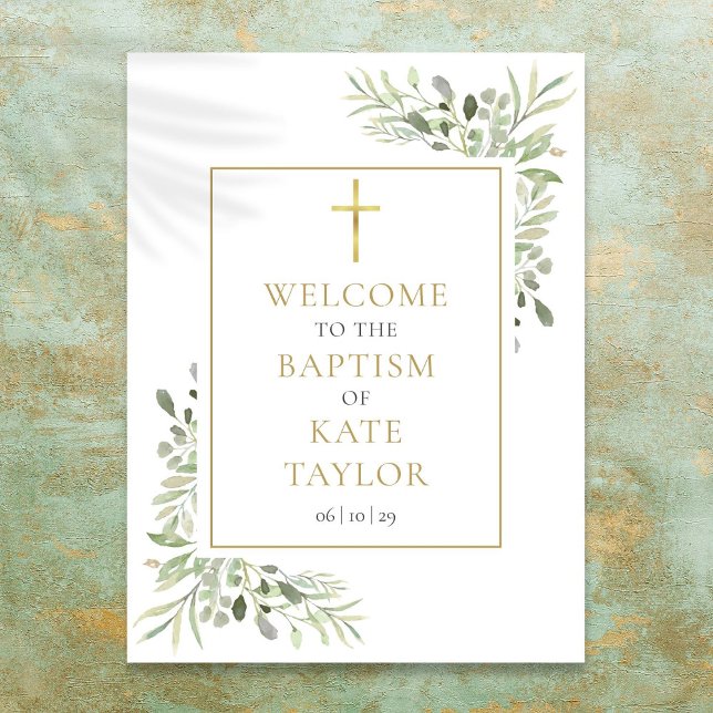 Affiche Panneau de bienvenue baptême décor verdure (Greenery Baptism Christening Welcome Sign)