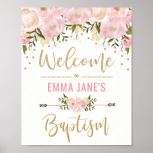 Affiche Panneau de bienvenue baptême floral rose pailleté 