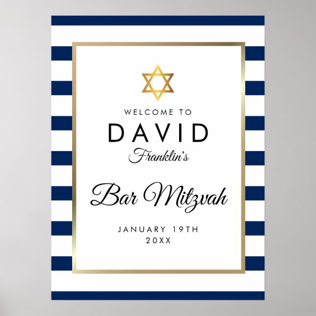 Affiche Panneau de bienvenue Bar Mitzvah bleu marine blanc (Devant)