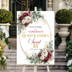 Affiche Panneau de bienvenue Bohème Burgundy Fleurs Or pou