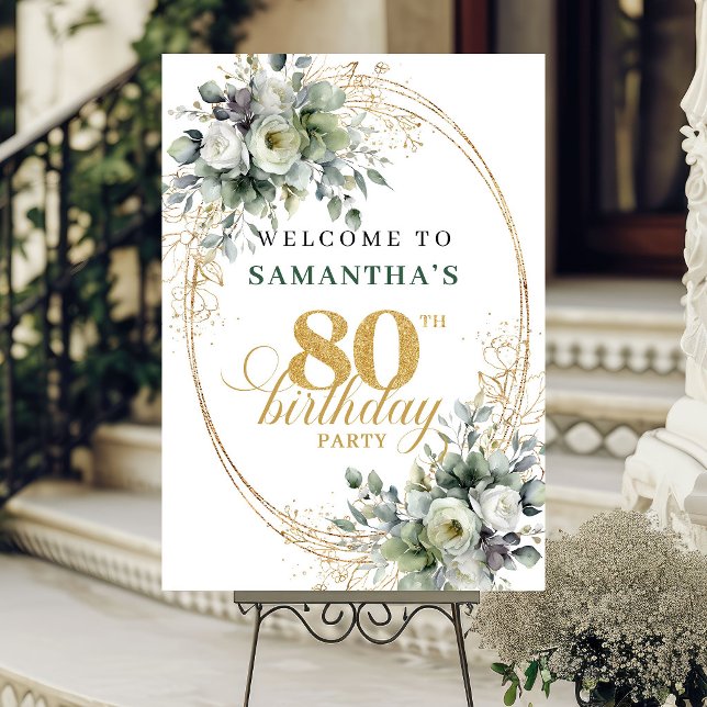 Affiche Panneau de bienvenue Boho 80e anniversaire Vert do (Boho 80th Greenery Gold Birthday Welcome Sign)