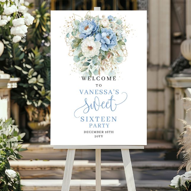 Affiche Panneau de bienvenue Boho Dusty Blue Flowers Sweet (Boho Dusty Blue Flowers Sweet 16 Welcome Sign)