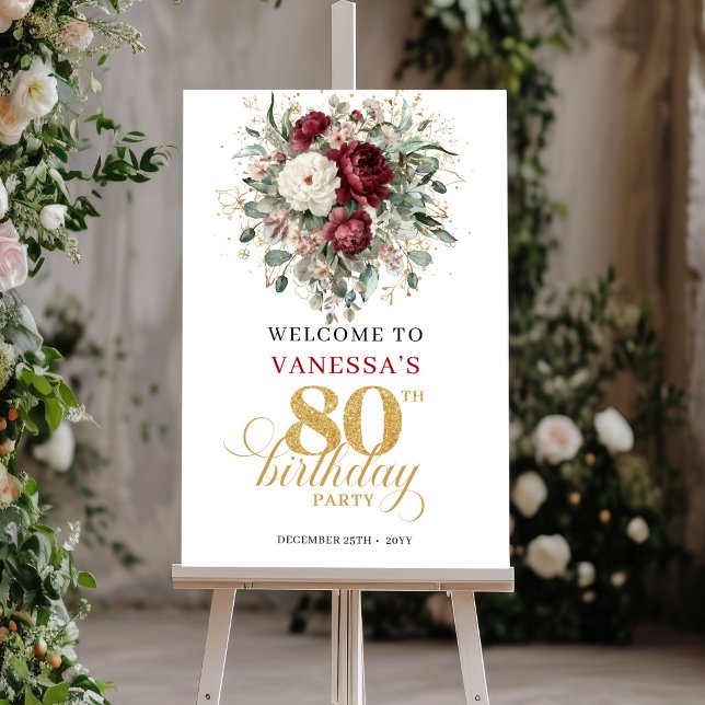 Affiche Panneau de bienvenue Boho Marsala Floral 80 ans (Boho Marsala Floral 80th Birthday Welcome Sign)