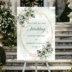 Affiche Panneau de bienvenue botanique aux roses blanches 