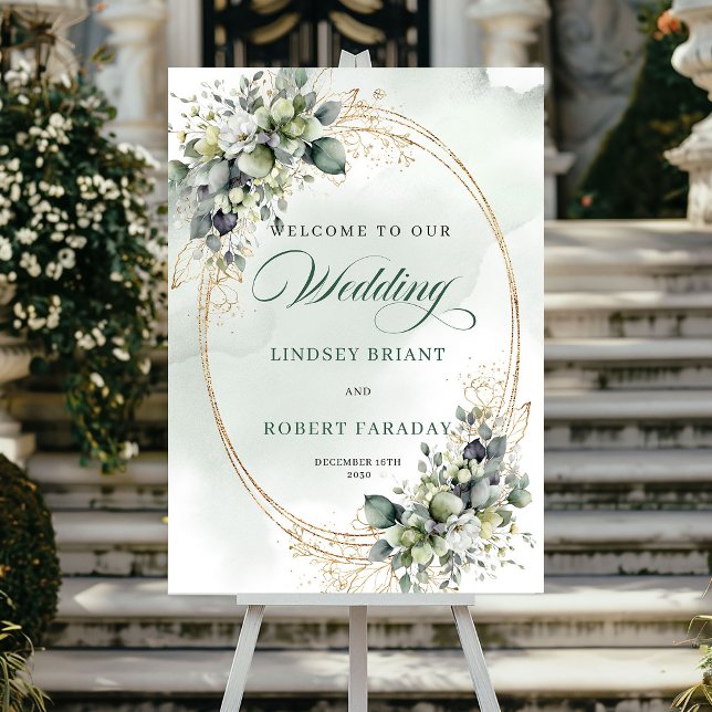 Affiche Panneau de bienvenue botanique aux roses blanches  (Romantic White Roses Botanical Welcome Sign)