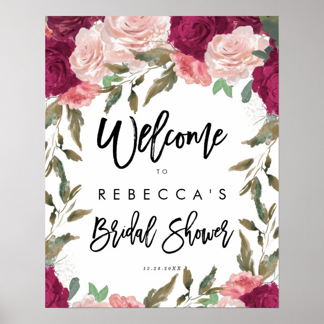 Affiche panneau de bienvenue burgundy rose floral pour la  (Devant)