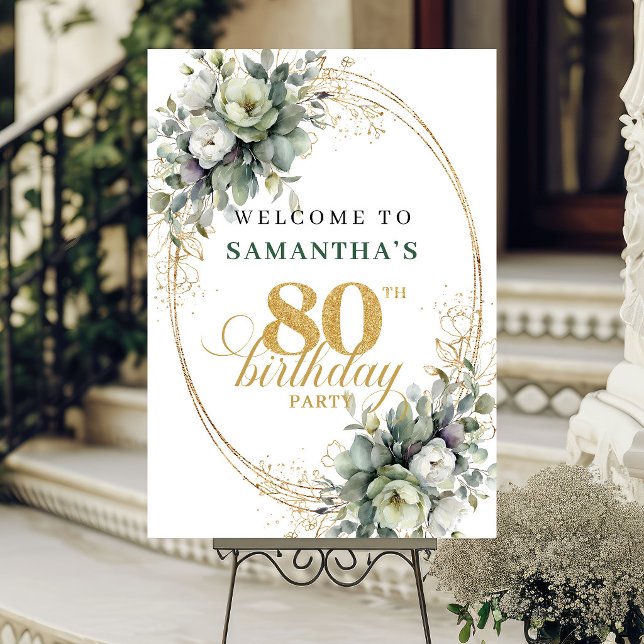 Affiche Panneau de bienvenue Chic 80ème anniversaire Dusty (Chic 80th Dusty Green Welcome Birthday Sign)