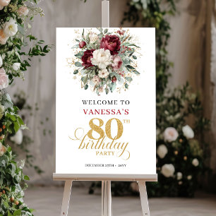 Affiche Panneau de bienvenue Chic Bourgogne Fleurs 80e Ann