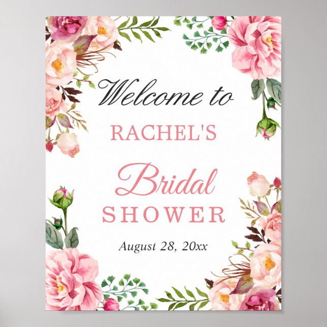 Affiche Panneau de Bienvenue Chic Fleurs Rose Blush Mariag (Devant)