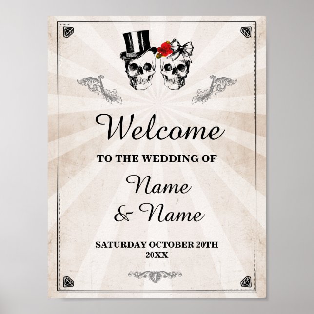 Affiche Panneau de bienvenue crâne Roses de mariage Hallow (Devant)