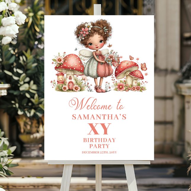 Affiche Panneau de bienvenue d'anniversaire de fleurs rose (Adorable Fairy Pink Flowers Birthday Welcome Poster)