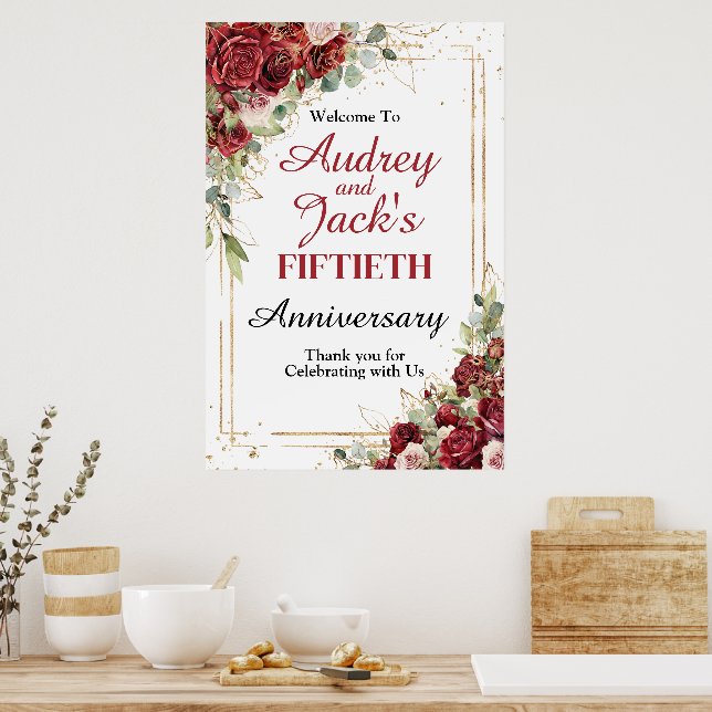 Affiche Panneau de bienvenue d'anniversaire de roses rouge (Cuisine)